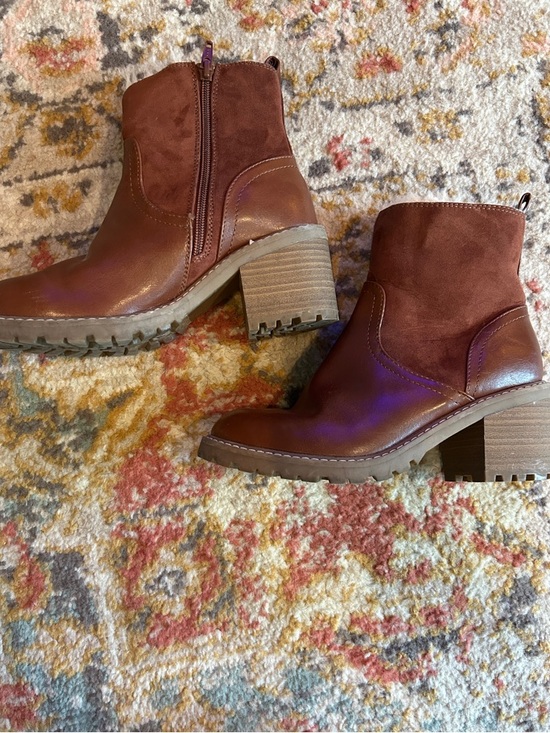 Shoes - Women's Brown Suede & Leather Faux Fur Block Heel Ankle Booties